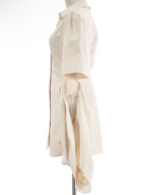 Cream Button-Down Shirt with Draped Tie Detail Dr